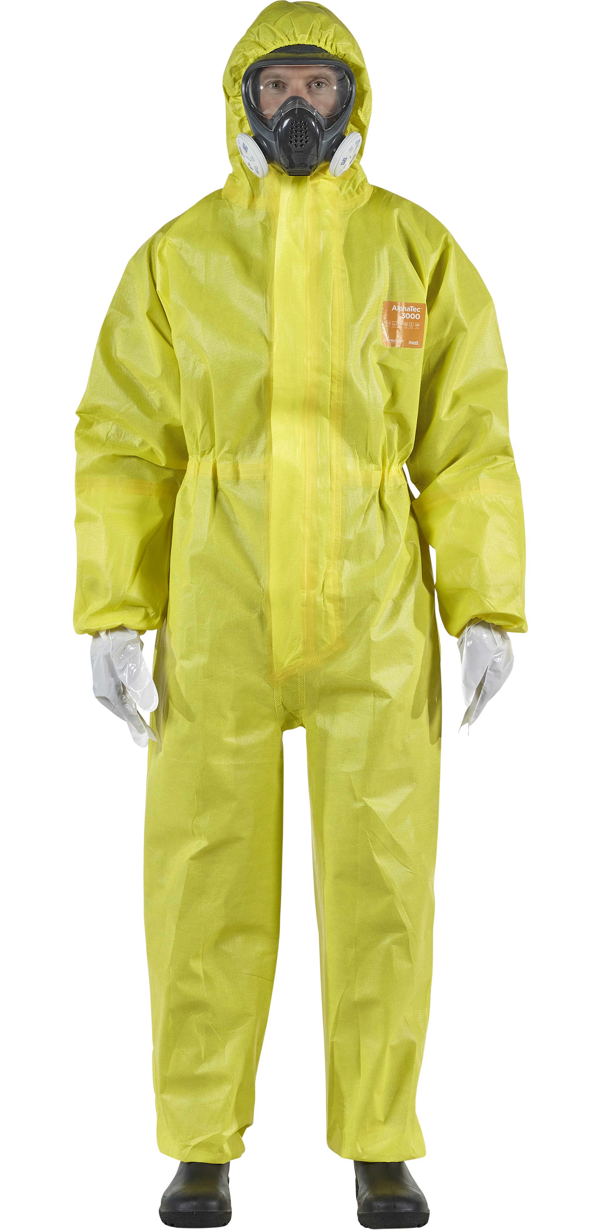 46603 Microchem / AlphaTec 3000 Overall mit Kapuze und Ansell Barrier-Handschuhen Modell 121 gelb